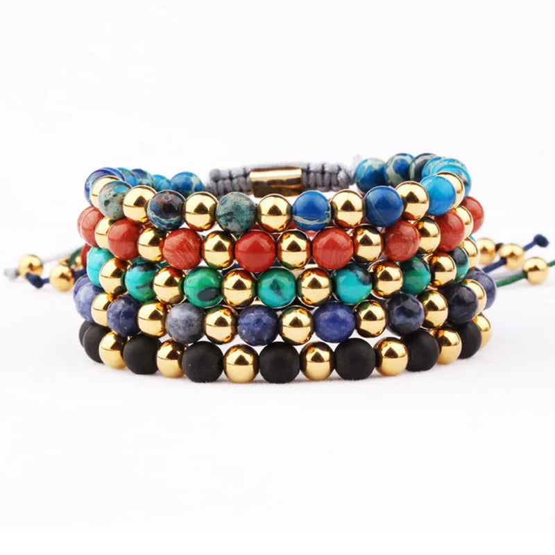 Jewelry Factory Making Gold Plated Stainless Steel Beads Natural Stone Macrame Bracelet for Men Jewelry