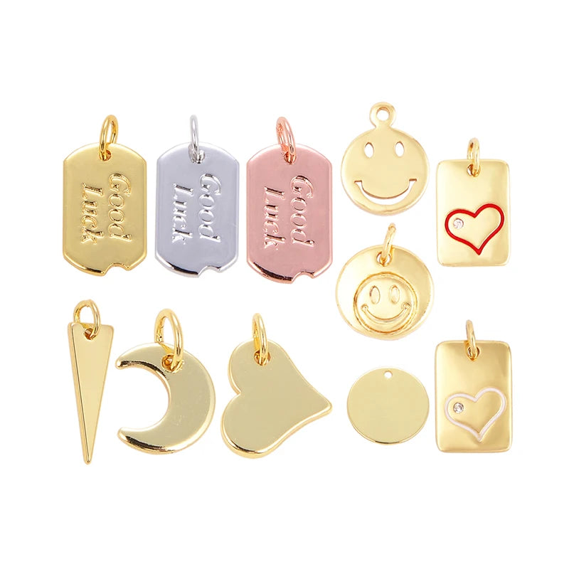 Good Luck Happy Face Heart Moon Triangular Charm Attachment  Brass Real Gold Plated  Fashion Jewelry Findings L70