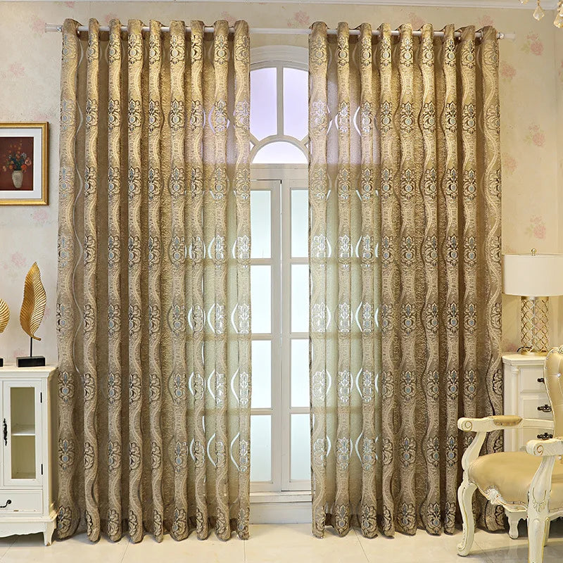 European Style Vintage Sheer Curtain Grommet Top Luxury Window Screening Curtain for Living Room Semi-Shading Voile Curtain