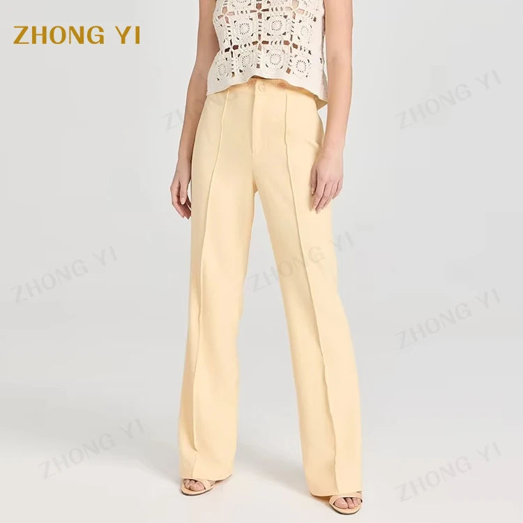 Clothing Factory Wholesale New Arrive Bootcut Pants Women Summer Chill Super Stretch Suiting Pin Tucks Embroidered Casual Pants