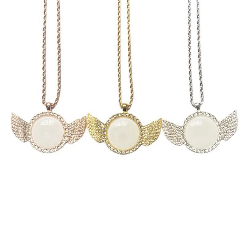 Metal Art Crafts Personalized Logo Printed Round Wing Necklace Sublimation Angel Wing Necklace