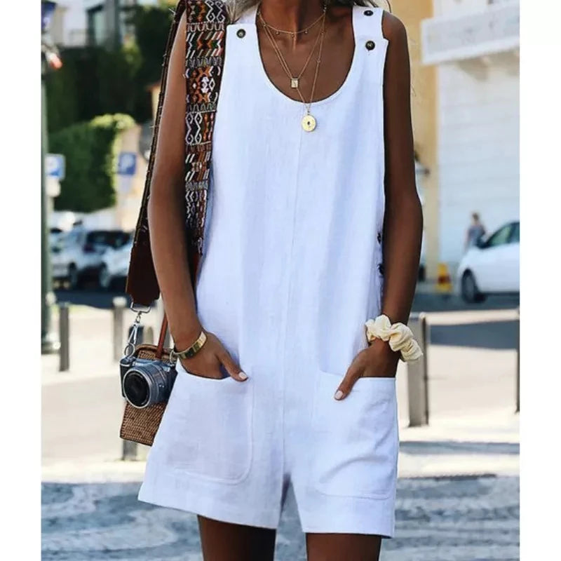 Solid Summer Womens Loose Linen Casual Pants Overalls Straps Jumpsuit Rompers Trousers for Leisure Time Holiday Beach Daily