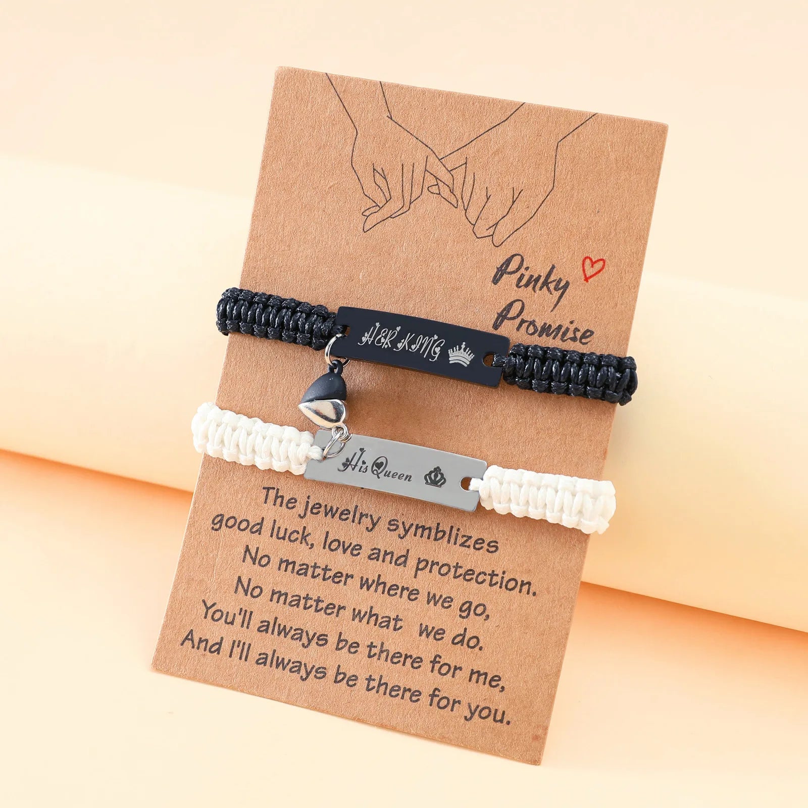 2 Pcs/set Wax Cord Adjustable Her King His Queen Couple Bracelet Stainless Steel Heart Matching Braided Adjustable Bracelet
