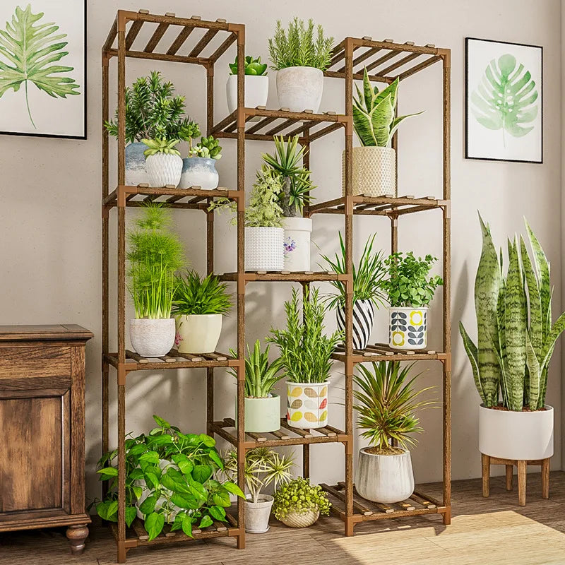 Multi Function 6 Tier 7 Potted Multilayer Flower Plant Stands Holder Plant Rack Bamboo Flower Pot Stand for Indoor Outdoor