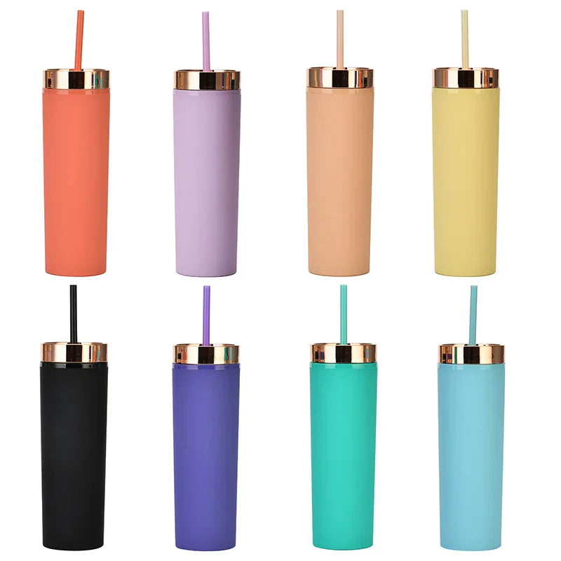 16oz Acrylic Skinny Tumbler Matte Plastic Double Wall Colorful Slim Tumbler With Gold Lid