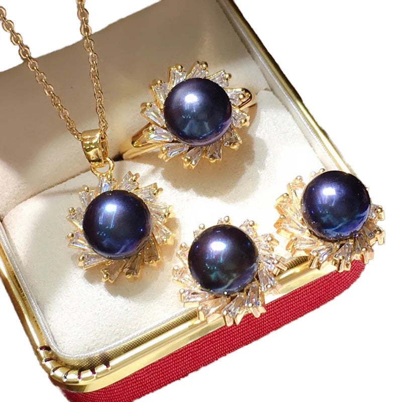 8-9mm Natural Real Freshwater Black Pearl Bride Jewelry White Zircon Classic Pearl Necklace Earrings Ring Set