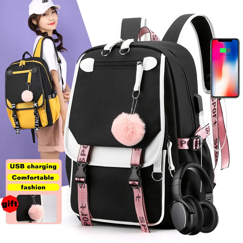 Waterproof Teenage Women Girls School Backpacks Anti Theft USB Charge Backpack