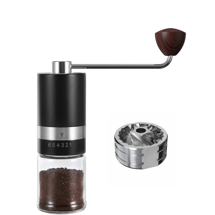 Manual Coffee Grinder with Stainless Steel Burr Glass Jar 6 Grind Settings Portable Hand Crank Mill for Home Office Travel
