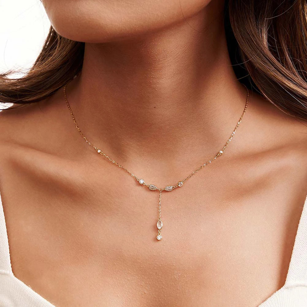 RINNTIN BQN18 Latest Fashion Jewelry 925 Silver 14K Gold Plated Lariat Long Chain Zircon Women Lariat Necklace Y-shaped Necklace
