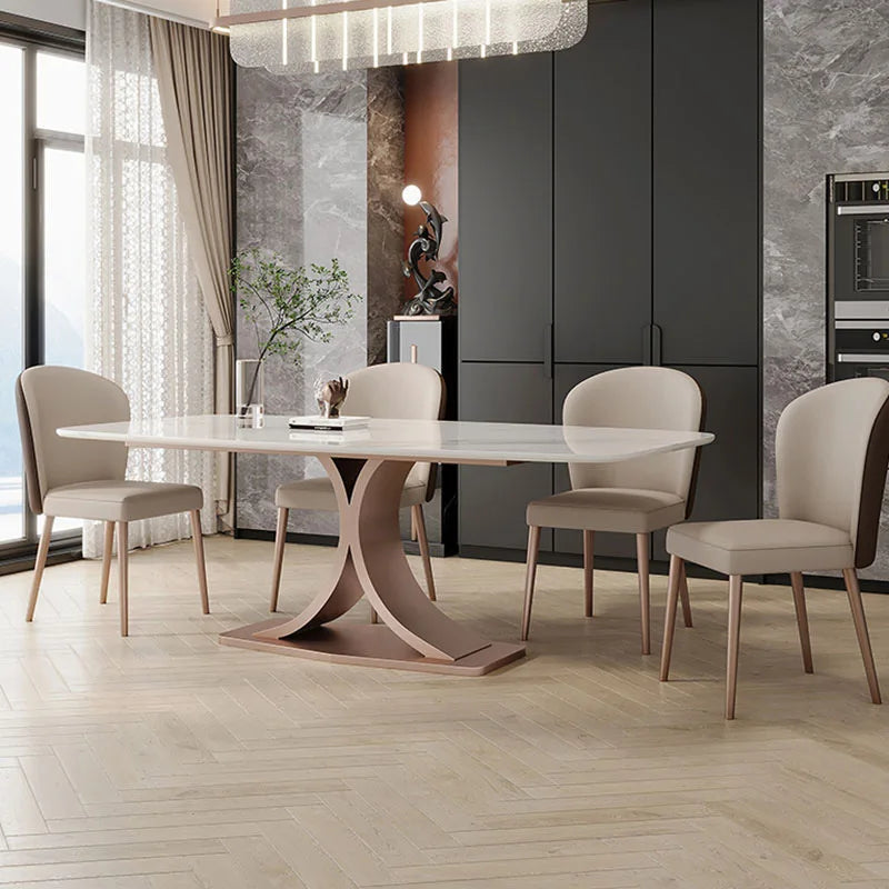 Factory Direct Supply Rectangular Modern Stainless Steel Light Marble Dinning Table Set Dining Room Furniture