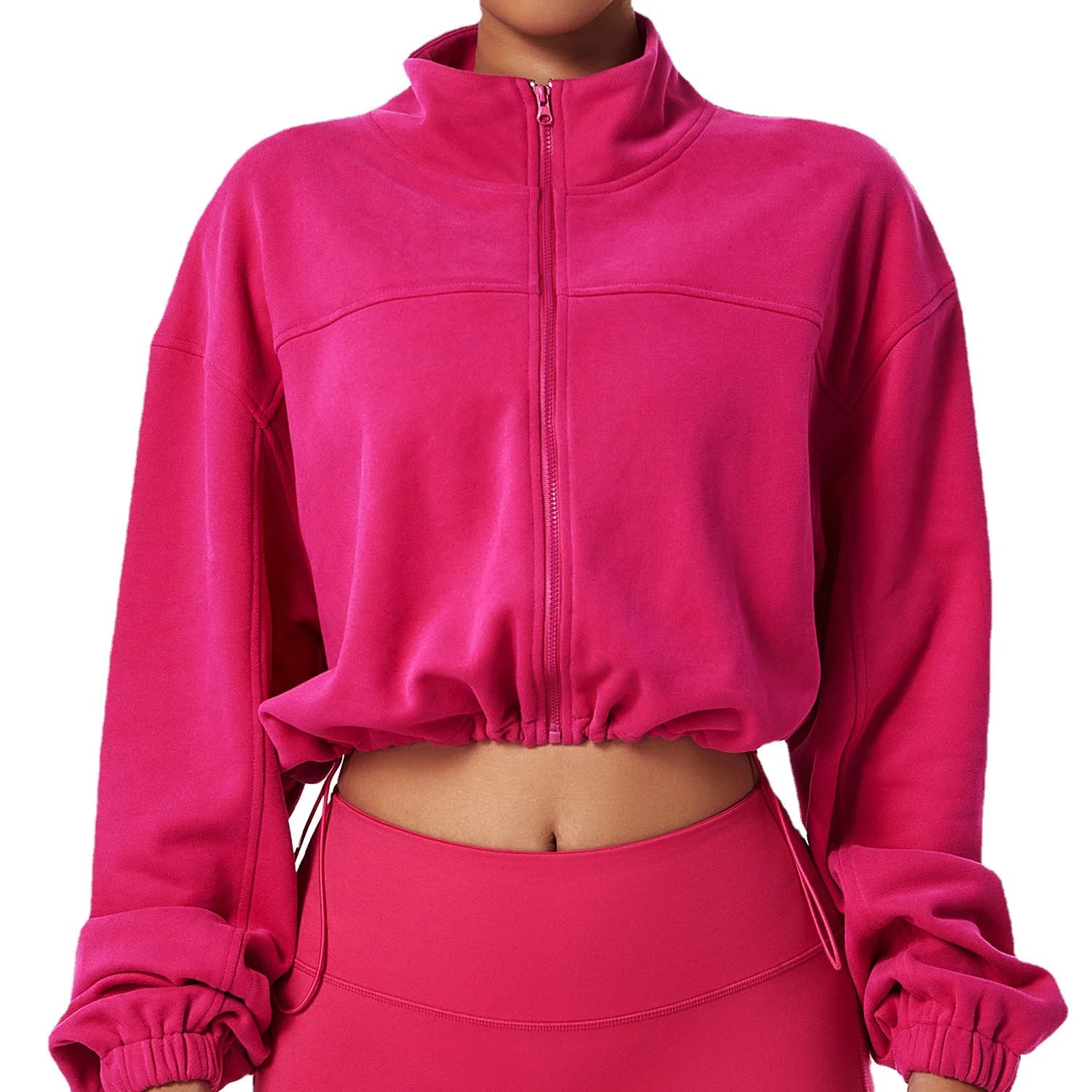 High Neck Long Sleeve Pullover Athletic Cropped Tops Drawstring Women's Full Zip Crop Sweatshirt