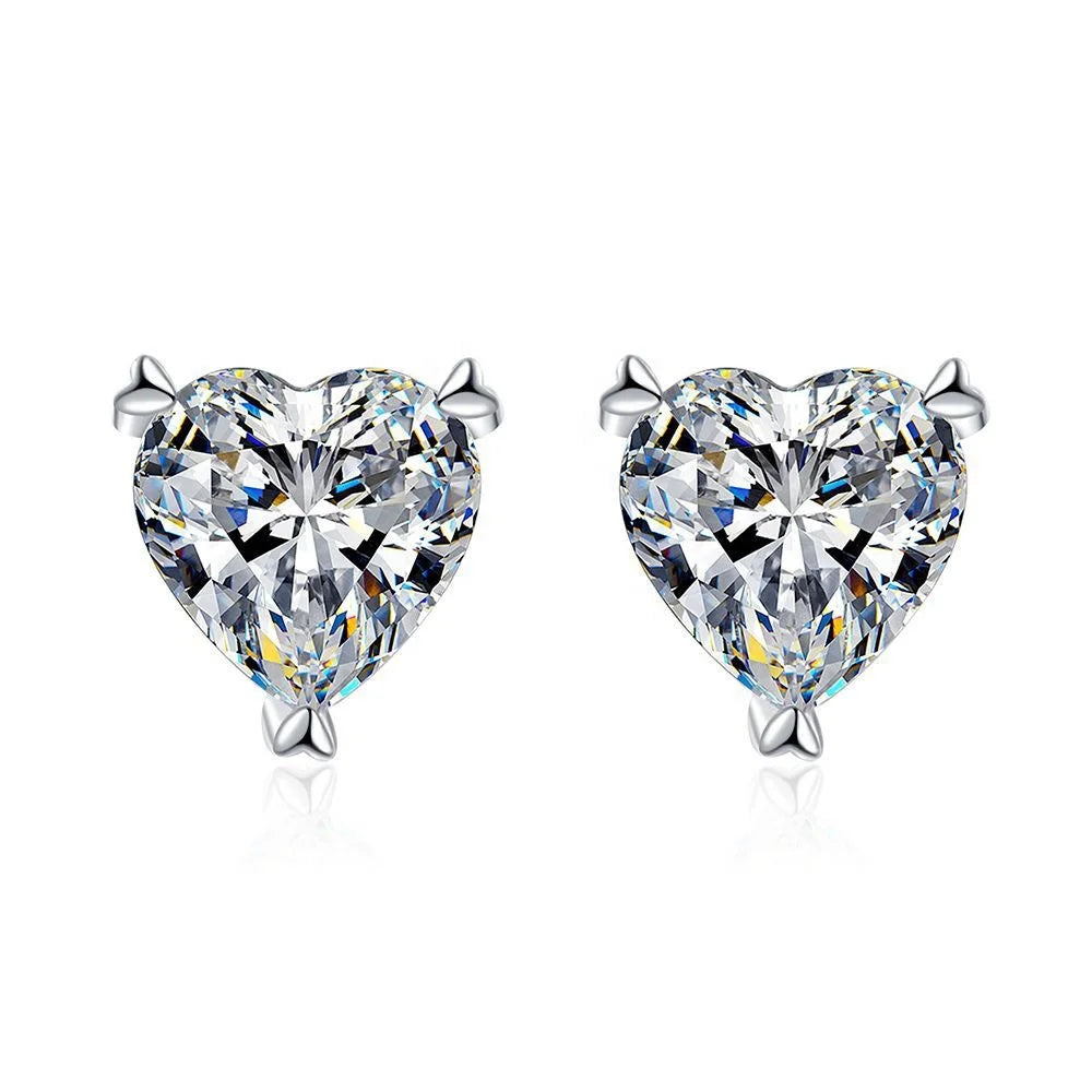 Factory Wholesale Fine Jewelry Genuine S925 Silver Earrings Moissanite Heart Earring Stud Necklace