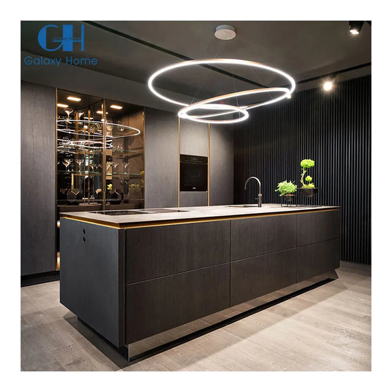 Unit Price Wall Modern Kitchen Furniture Italian Designs Custom Luxury Veneer MDF Kitchen Islands with Drawer Basket