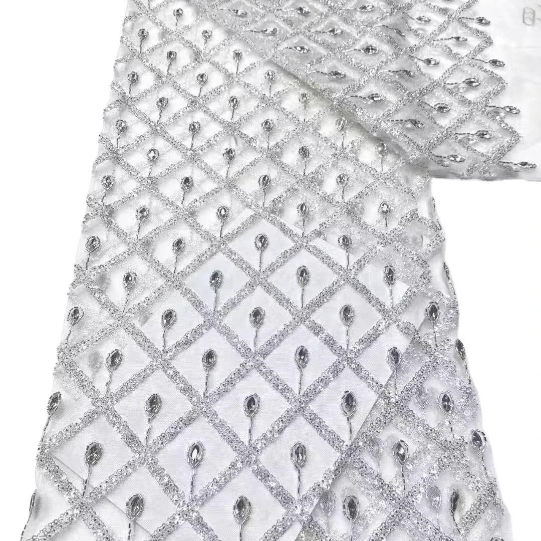 New Arrival Eco-Friendly Sustainable Shiny Sparkling Crystal Rhinestone Beaded Lace Bridal Dress Fabric