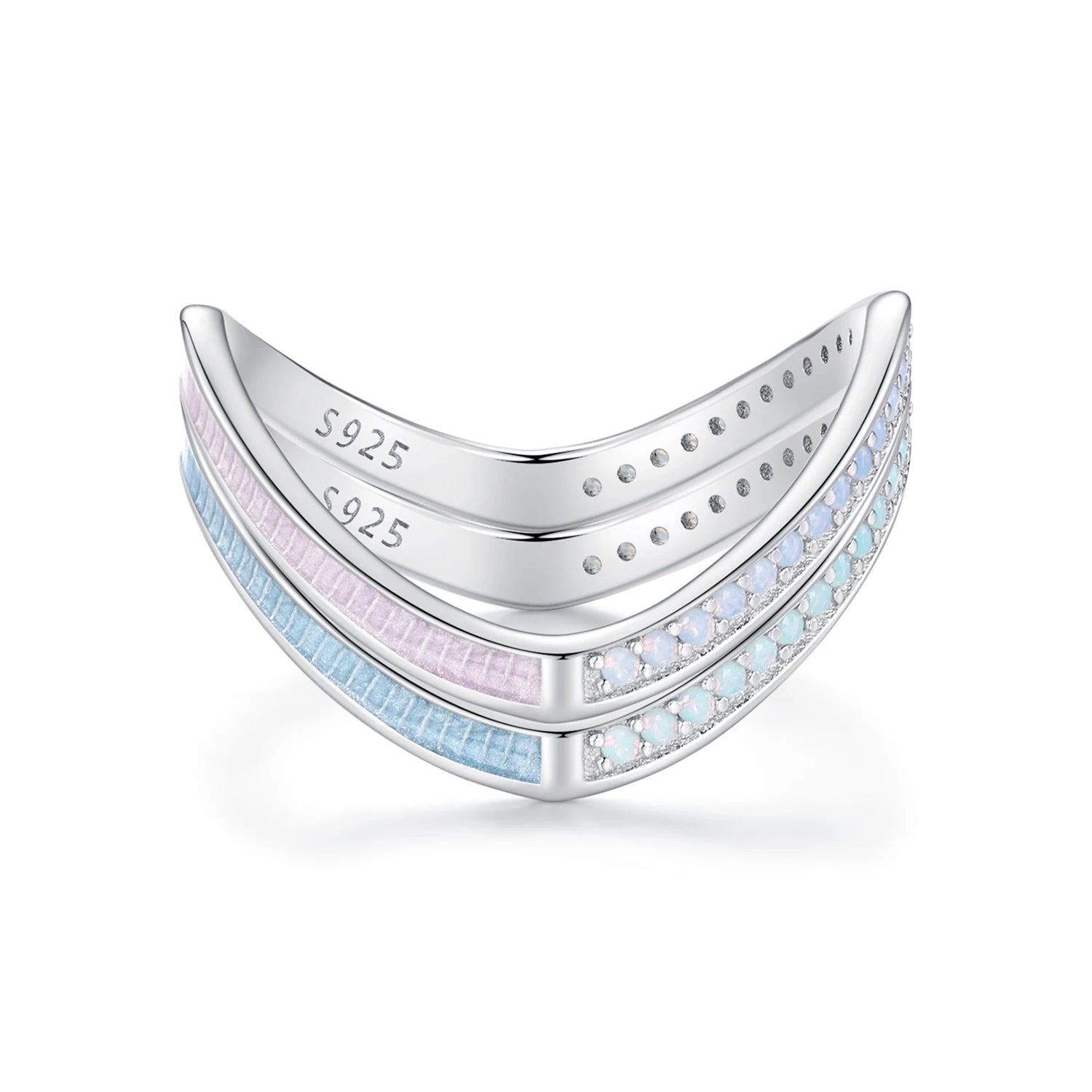 925 Sterling Silver Simple Opal Drip Oil Ring Pink Blue Double V Shape Stackable Women's Knuckle Ring Smooth Slim SCR945