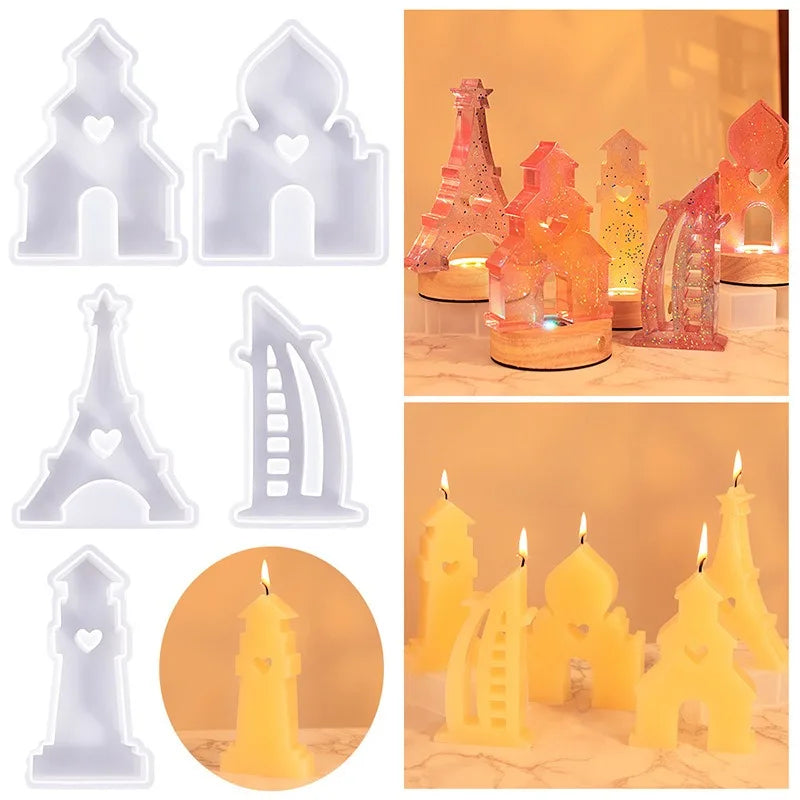 DIY Adhesive Building Aromatherapy Candles Silicone Mold Iron Tower Castle Lighthouse Gypsum Table Ornaments