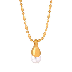 French Light Luxury Wholesale Jewelry 18k Gold Plated Stainless Steel Ovals Chain Shape Pearl Pendant Necklace for Women