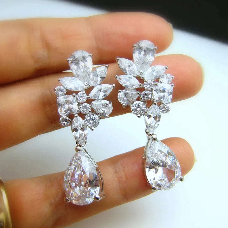 CAOSHI New Design Dainty Geometric Pear Shaped Crystal Wedding Earring for Women High Quality Silver Plated CZ Pendant Earrings