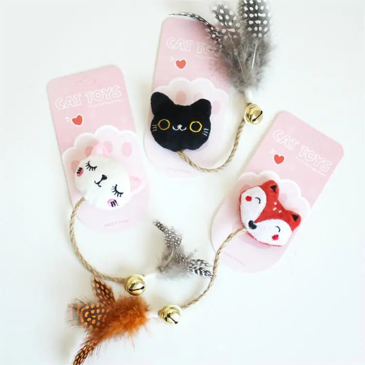 2023 New Custom Durable Cat Plush Chewing Toy Bell Feather Toy fox Black White Cat Character Cat Teaser Supplies