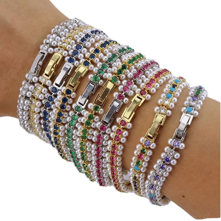BC1456 Chic Pearl and Rainbow Cubic Zirconia Tennis Bracelet  Multicolor Dainty CZ Zircon Buckle Bracelet with Faux Pearl