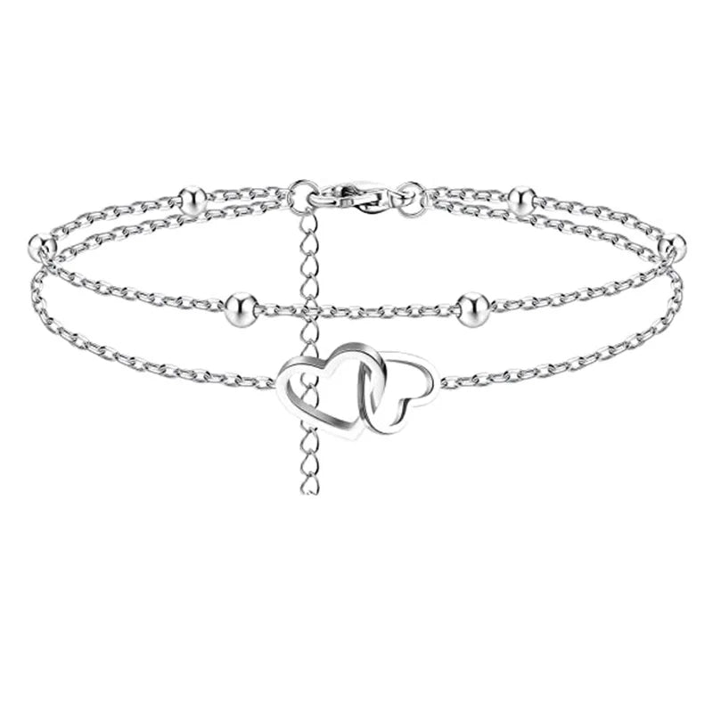 Easywin European and American Fashion Stainless Steel Ankle Chain New Layered Cross Double Heart Rice Bead Chain Double-layer MegaBDM