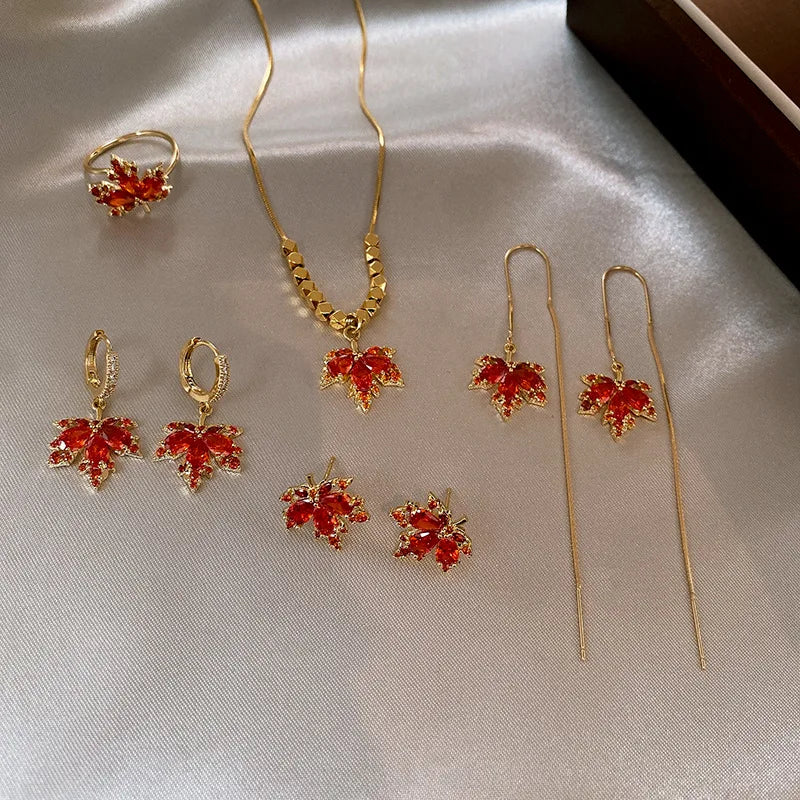 Fashion Copper Alloy 18k Gold Plated Red Zircon Diamond Maple Leaf Weeds Pendant Necklace Earring Bracelet Ring Jewelry Set