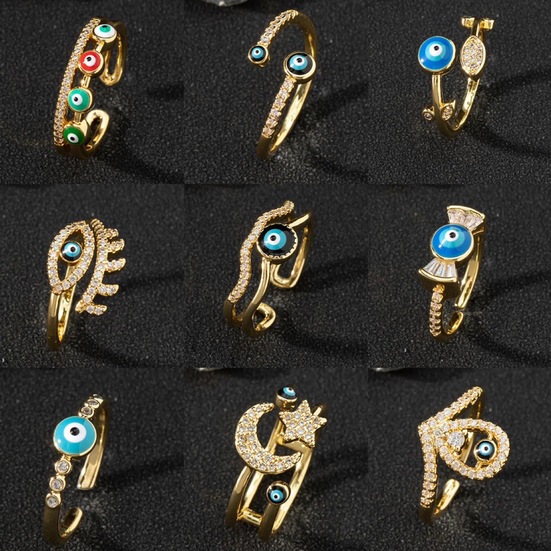 Wholesale Ethnic Style 18K Gold Plated Cubic Zirconia Women Adjustable Blue Turkish Evil Eye Ring Jewelry