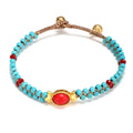 Original Design Ethnic Handmade Turquoise Wove Bracelet with Sand Gold Inlay Stone Vintage Charm Bracelet for Christian Gift