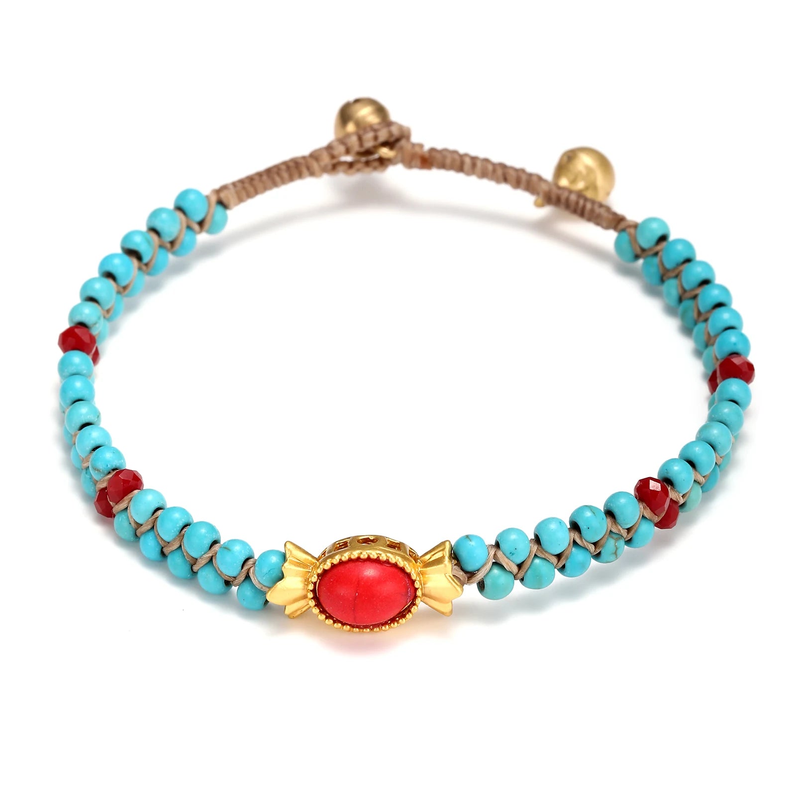 Original Design Ethnic Handmade Turquoise Wove Bracelet with Sand Gold Inlay Stone Vintage Charm Bracelet for Christian Gift