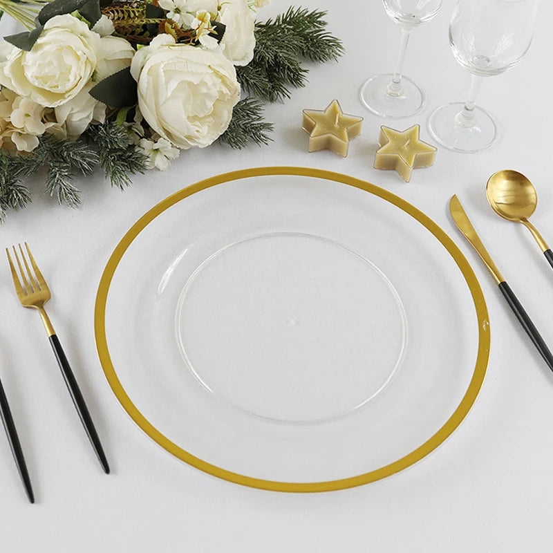 13 Inch 33cm Modern Round Clear Gold Rim Plastic Under Charger Plate Party Plates Decoration for Wedding Event Party