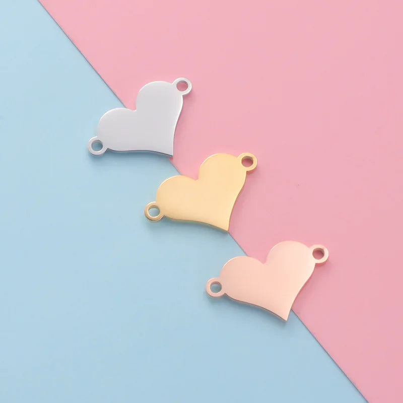 High Quality Custom Logo Double Holes Love Heart Shaped Stainless Steel Pendant Charms for Necklace