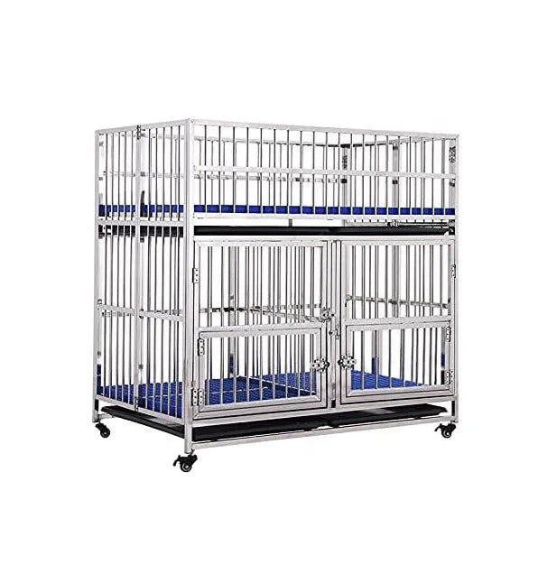 Double-Deck Heavy Duty Stainless Steel Dog Cage Kennel Crate With Divider 4 Lockable Wheels Double Doors and Removable Tray