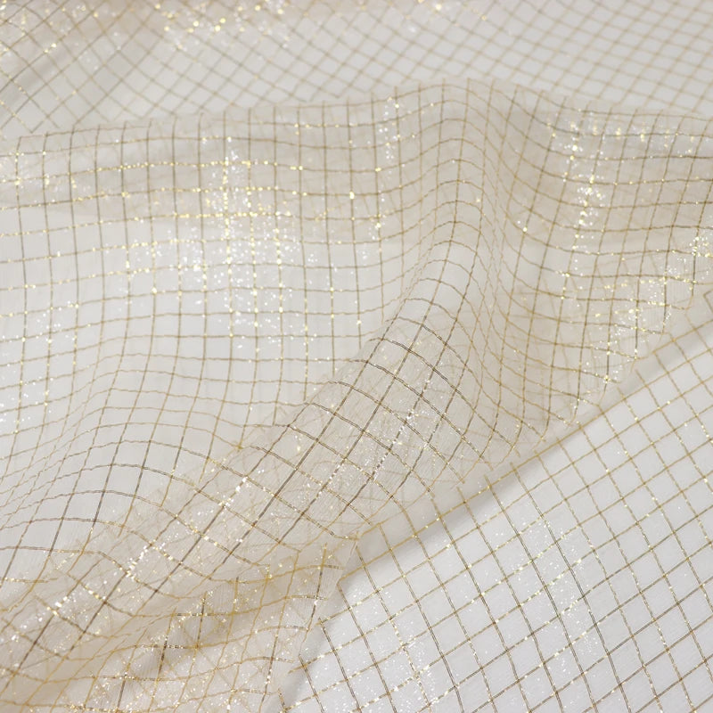 Popular Shiny Nice Quality Woven Silk Metallic Fabric Transparent Grid Line Lurex Gold Natural White for Lady Cloth Shirt Dress