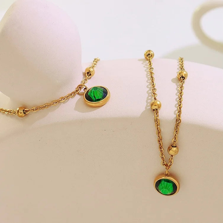Factory Wholesale Titanium Steel Zircon Retro Light Luxury Simple Drop Shaped Emerald Zircon Anklet Female