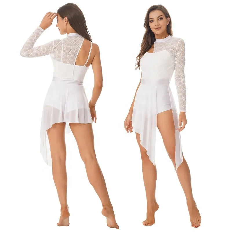 Womens Fashion Lace Patchwork One Shoulder Leotard Dress Split See-through Mesh Asymmetric Hem Dance Dresses