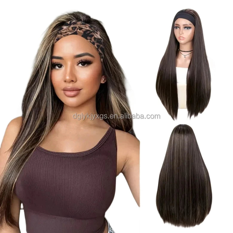 Wholesale Long Silky Straight Headband Wig Synthetic Hair Wig with Highlight High Temperature Fiber Brown Black Women Hair