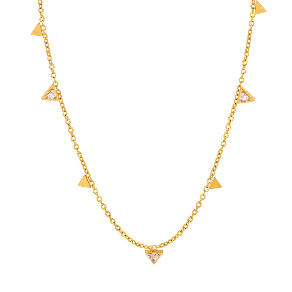 INS Women's Stainless Steel 18K Gold PVD Plated Zircon Triangle Necklace with Titanium Steel Tassel Chain Jewelry