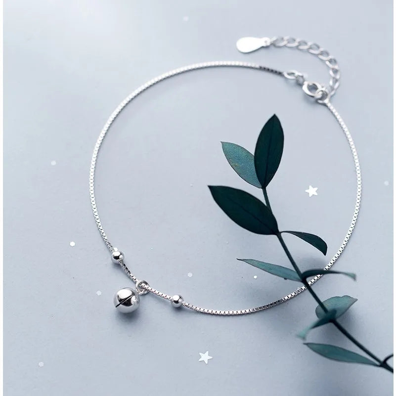 925 Sterling Silver Small Cute Round Bell Bead Anklets Bracelet Summer Foot Fine Jewelry for Women