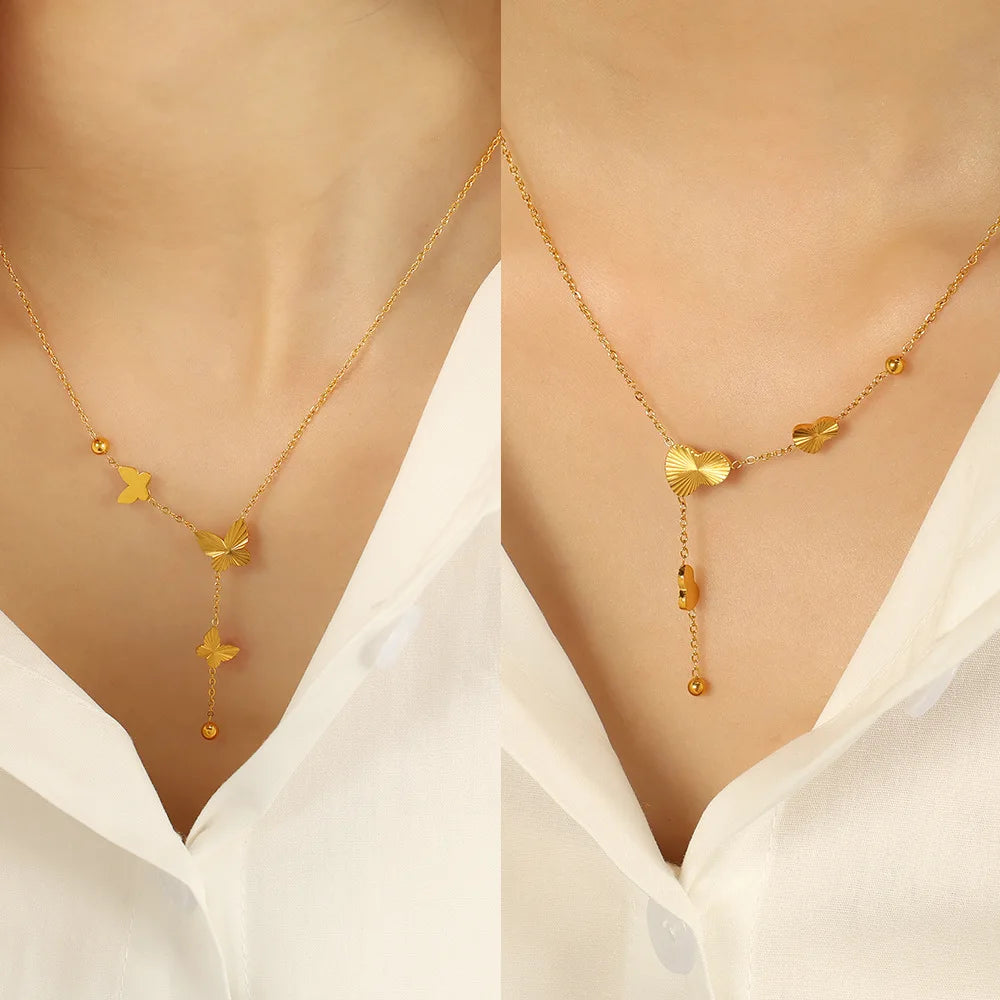 Women's Waterproof Gold Stainless Steel Y-Shape Long Burst Gourd Butterfly Charms Necklace Romantic Trendy Snake Jewelry Gift