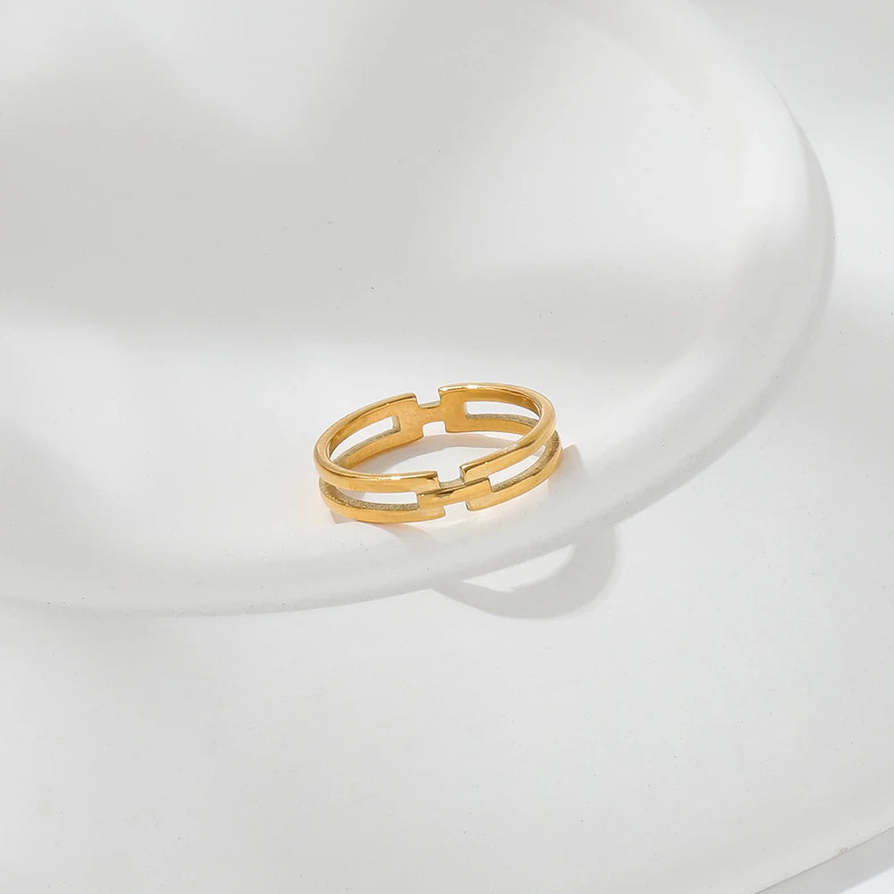 High End 18K Plated Double-layer Hollow Rings Stainless Steel Jewelry Trendy Finger Ring