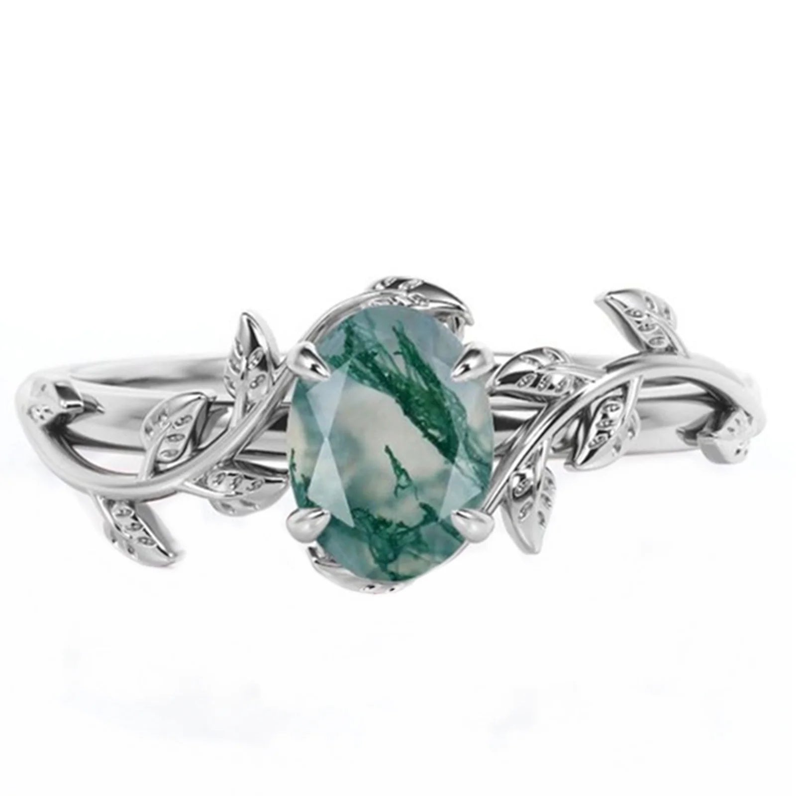 Jewelry Gifts Moss Agate Engagement Ring 925 Sterling Silver Oval Cut Green Agate Ring for Women