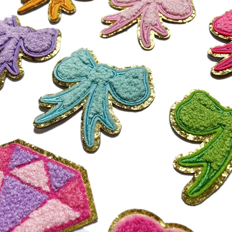 High Quality Wholesale DIY Bag Accessories Custom Iron on Heat Seal Ribbon Bow 3D Embroidery Chenille Patches