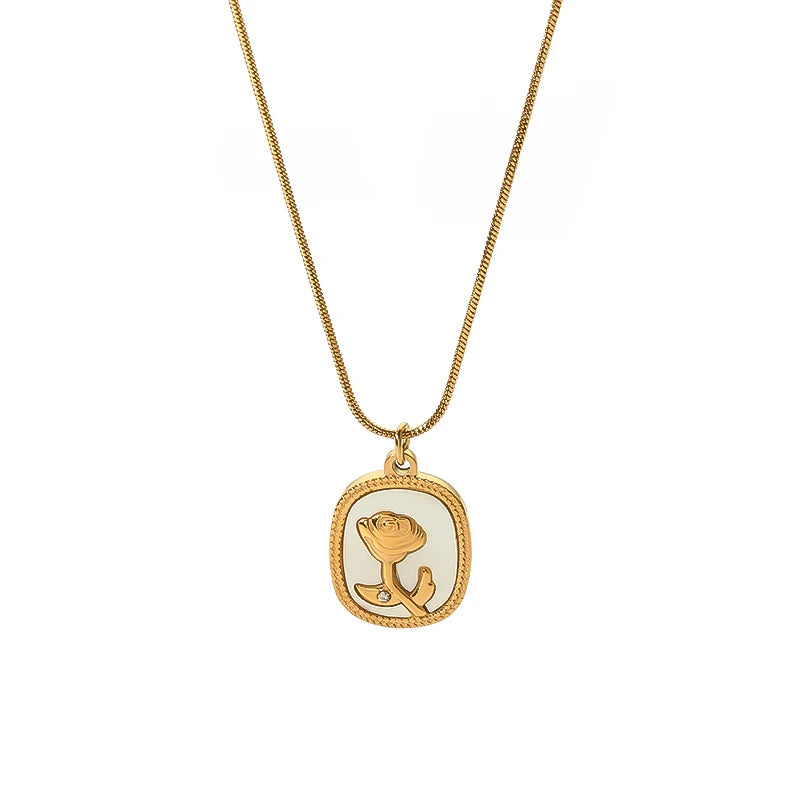 Stainless Steel 18K Gold Plated Classic Rose Flower White Shell Women Necklace Snake Chain Fashion Jewelry