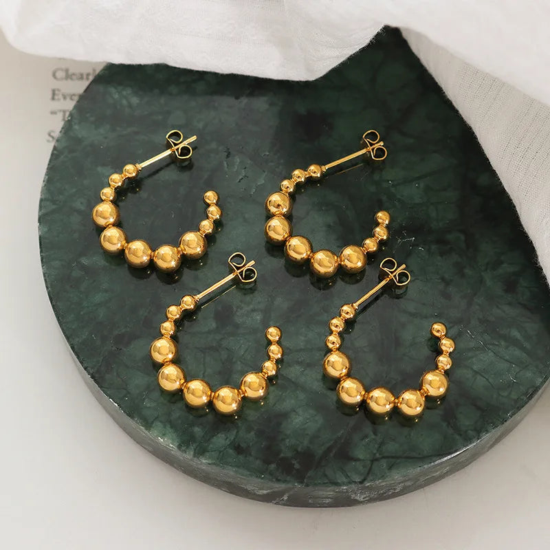 Simple Beaded C Hoop Earrings Non Tarnish Stainless Steel PVD 18K Gold Plated Women Statement Earrings