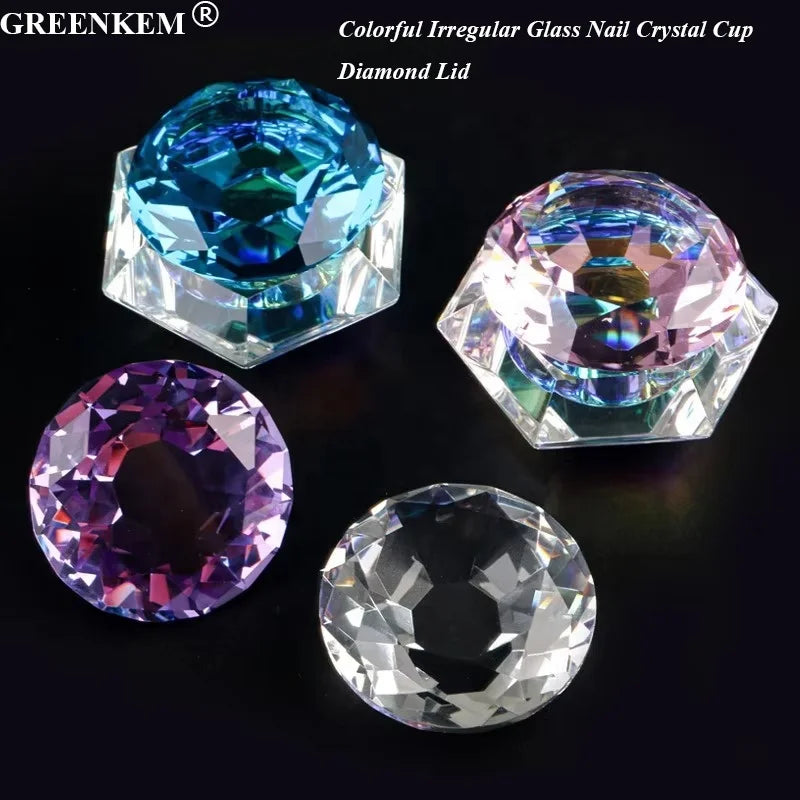 New Colorful Irregular Glass Nail Crystal Cup With Diamond Lid Crystal Liquid Octagonal Heart-shaped Cup Nail Dappen Dish