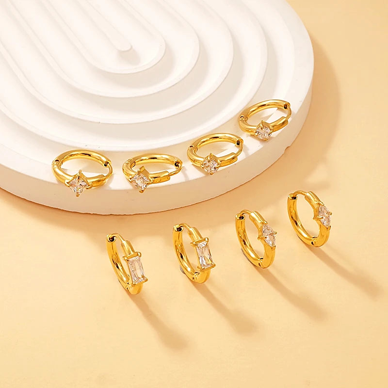 Wholesale Fashion Minimalist 18K Gold Plated Stainless Steel Waterproof Jewelry Geometric Zircon Huggie Hoop Earrings for Girl