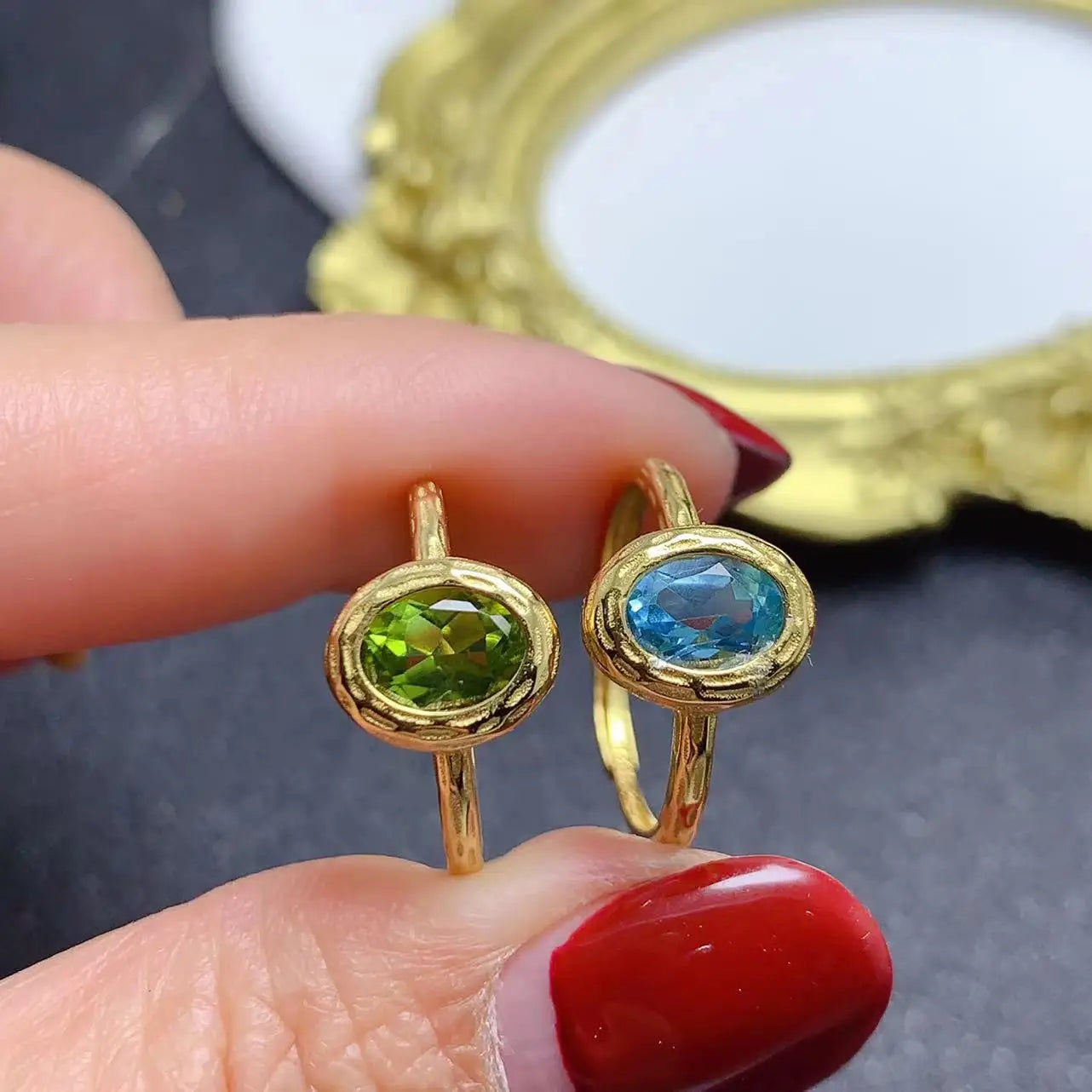 Factory Supply 925 Sterling Silver Women's Rings 6mm*8mm Oval Cut Natural Blue Topaz Peridot Classic Wedding Party Fine Jewelry