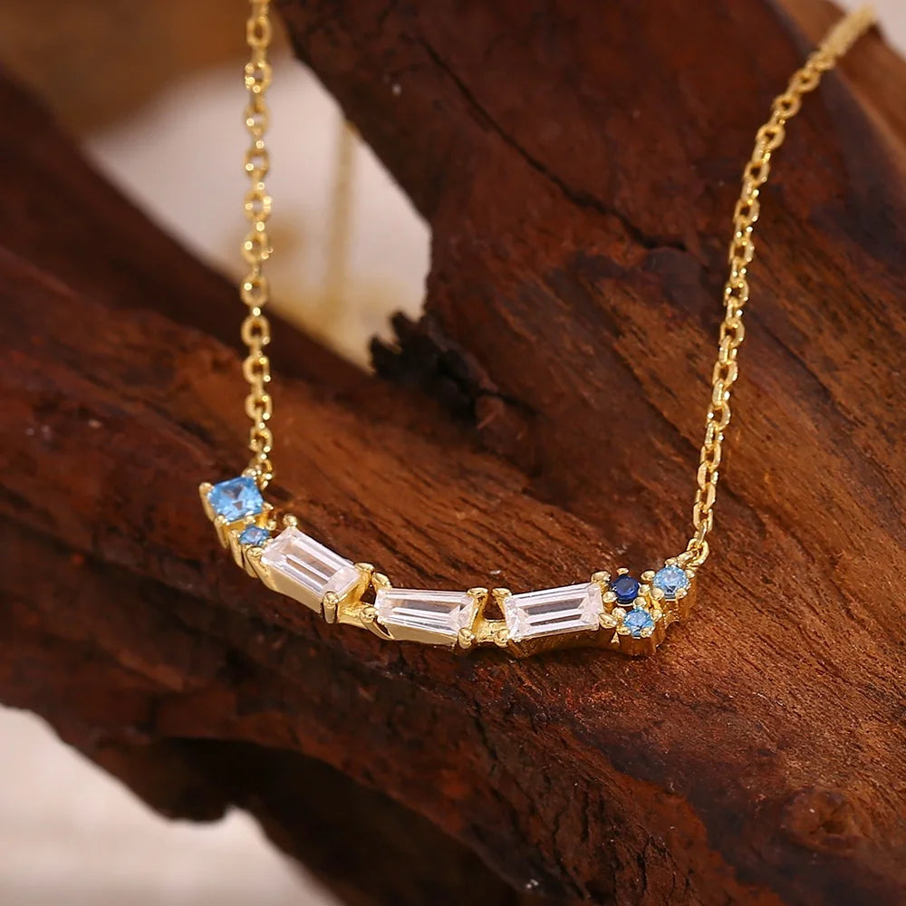 Dreamshow Minimalist Shining Zircon Bamboo Necklace 925 Sterling Silver 14K Gold Plated Jewelry