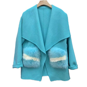 New Design Big Fur Pockets Double Faced Wool Coat Women Fashion Cashmere Coat