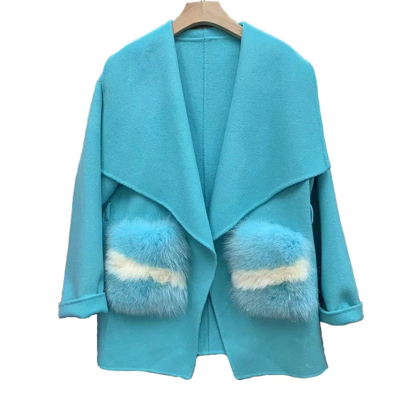 New Design Big Fur Pockets Double Faced Wool Coat Women Fashion Cashmere Coat